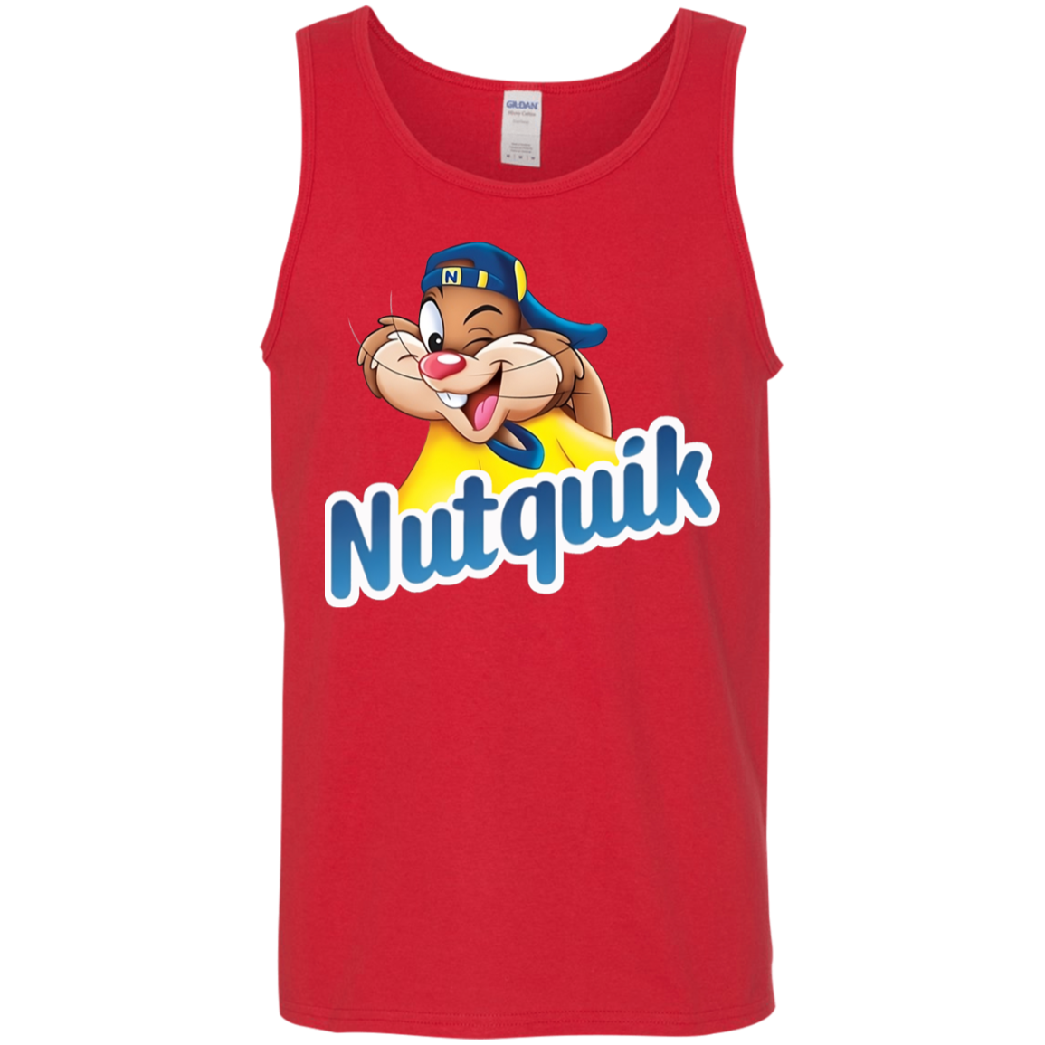 "Nutquik" Tank Top featuring cartoon graphic, 100% USA cotton, red.
