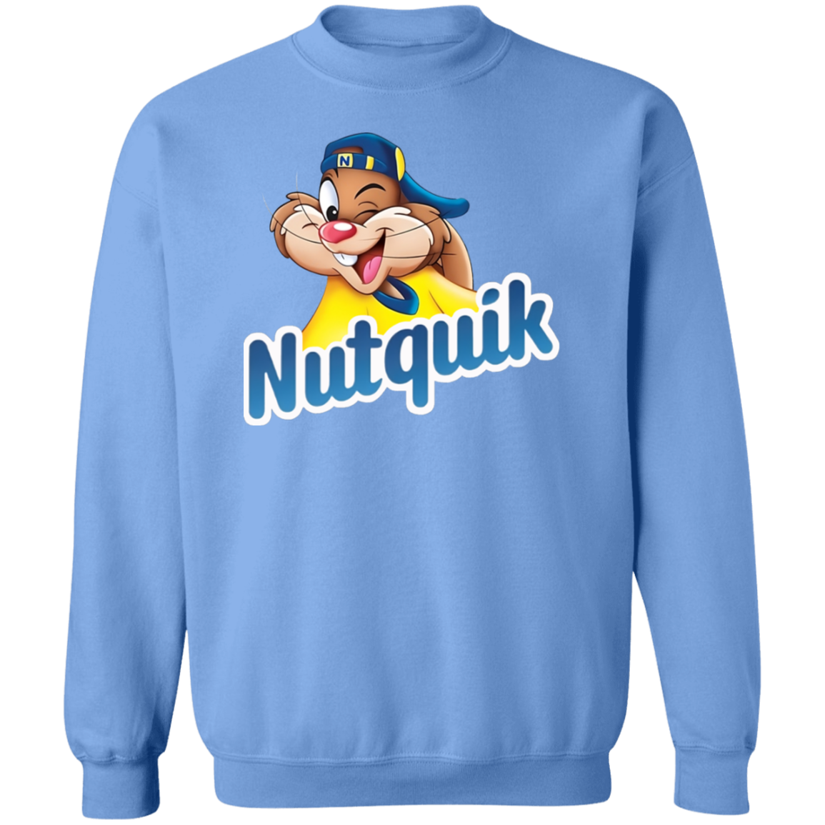 Nutquik Crewneck sweatshirt featuring cartoon character design on blue fabric.