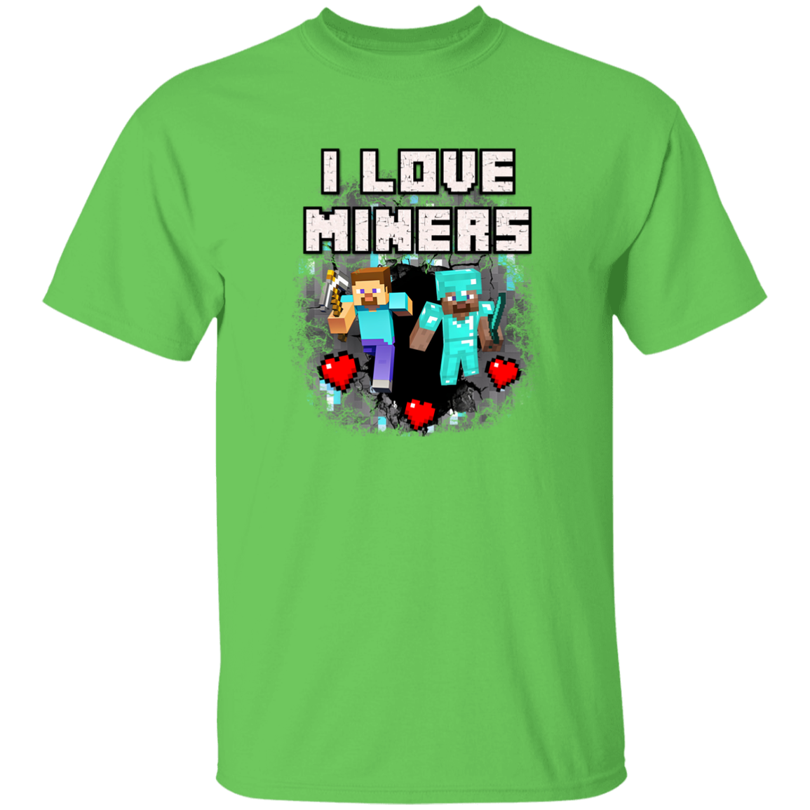 Green "I Love Miners" shirt with a miner graphic and hearts, made of heavyweight cotton.