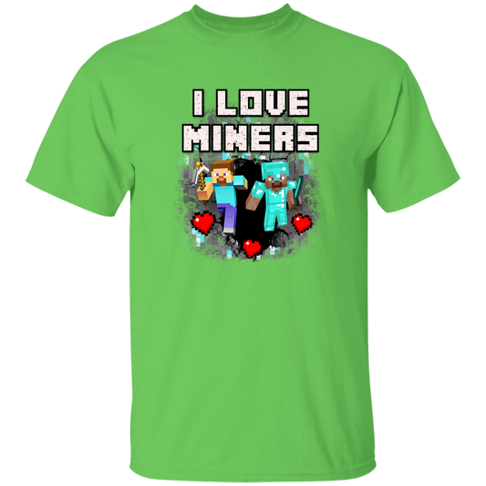 Green "I Love Miners" shirt with a miner graphic and hearts, made of heavyweight cotton.