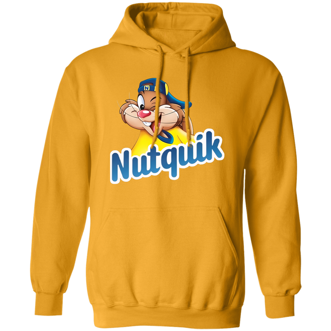 "Nutquik" Hoodie featuring colorful character design on front, 50% cotton and 50% polyester blend, unisex sizing.