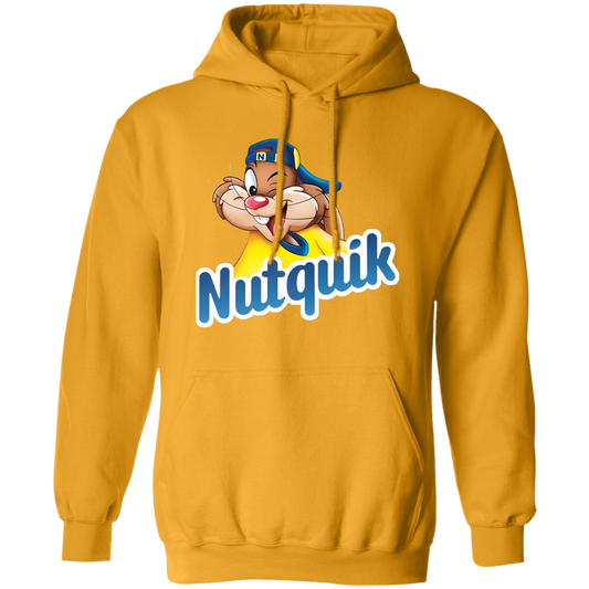 "Nutquik" Hoodie featuring colorful character design on front, 50% cotton and 50% polyester blend, unisex sizing.