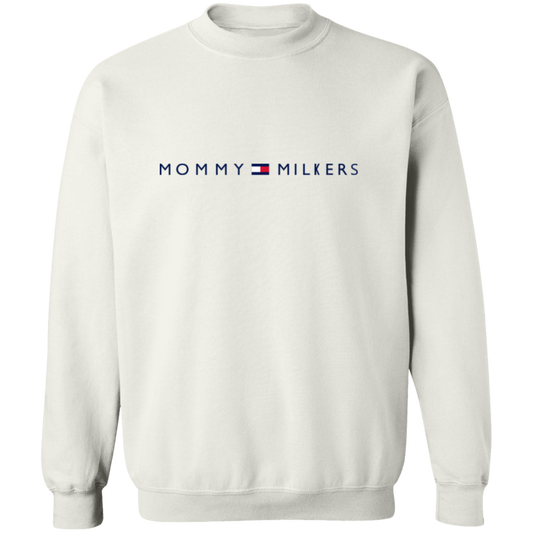 G180 Crewneck Pullover Sweatshirt with "Mommy Milkers" design, 50% cotton, 50% polyester.