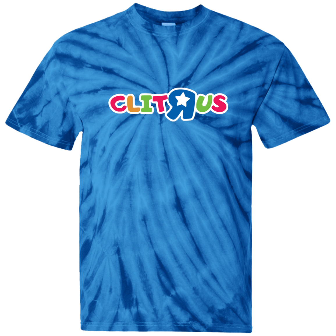 Blue tie-dye shirt with "Clit R Us" logo on front.