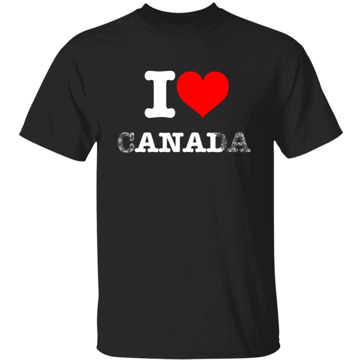 I Love Canada Shirt, black cotton tee, red heart logo, classic unisex fit.